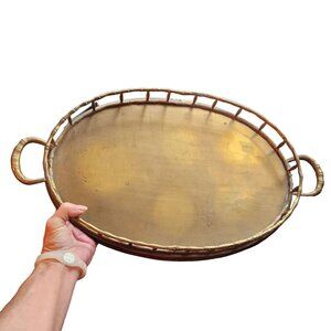 Antique Brass Oval Serving Tray With Handles Cottage Glam Regency  Boho